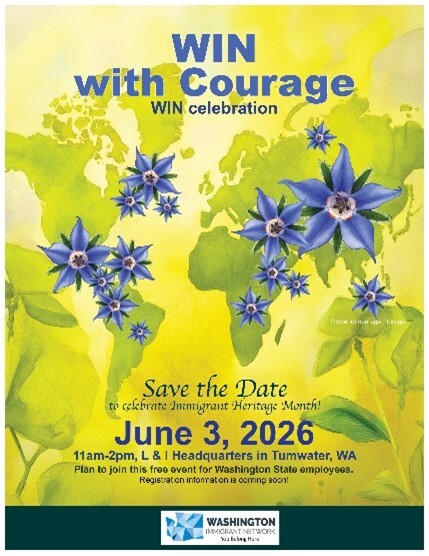 WIN Celebration event poster with images of borage flowers over a world map