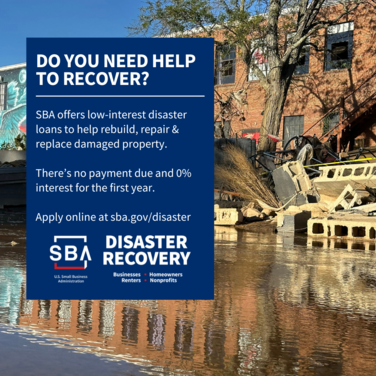 Image showing a flood-damaged area with debris and partially submerged building.  Disaster Recovery Loans, Apply online at sba.gov/disaster