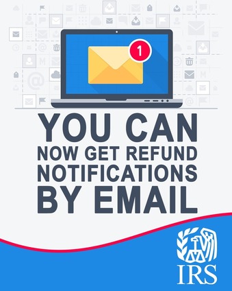 A digital laptop with an email notification. Text: You can now get a refund notification by email.