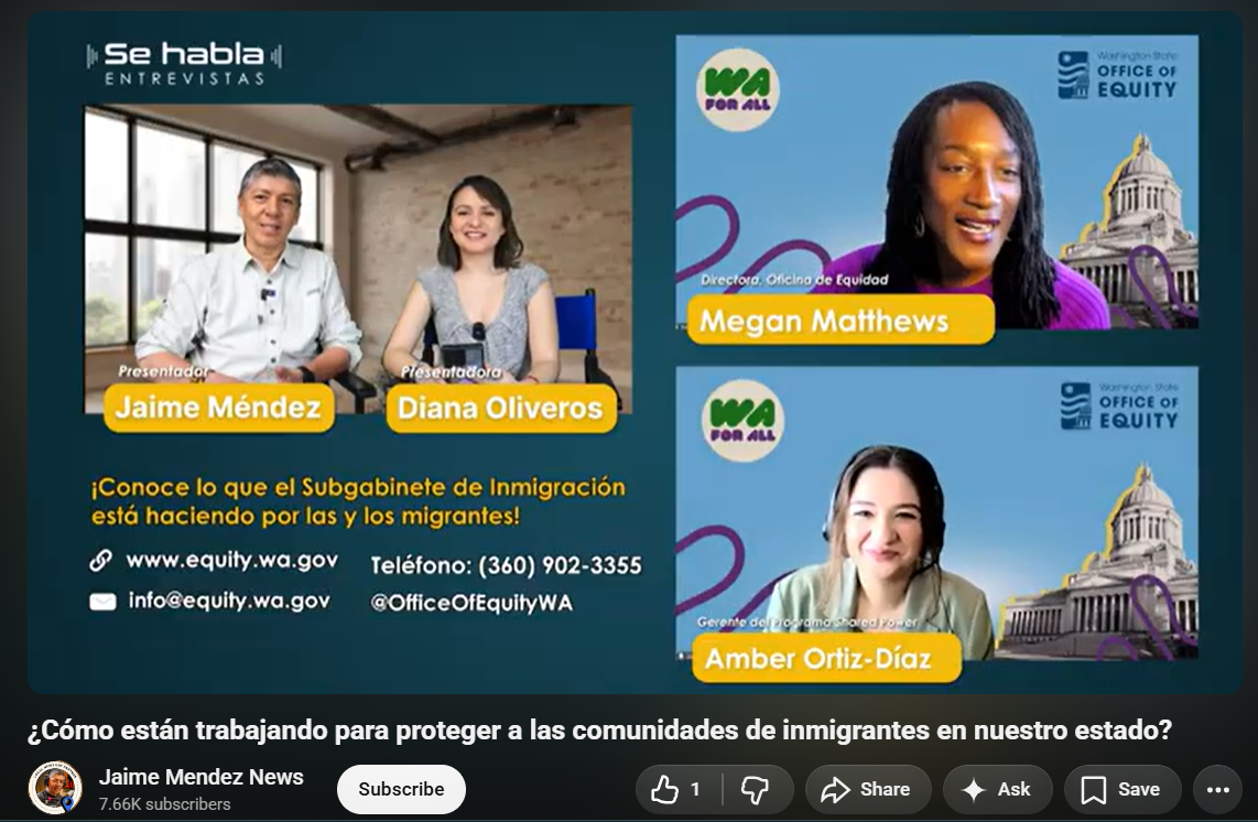 Four people on screen smile at the camera. The language is in Spanish and includes the Office of Equity's contact information.