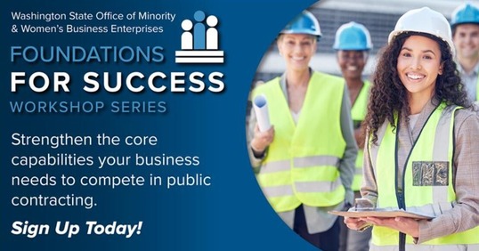 Sign up for Foundations for Success Workshop and a photo of a woman wearing a white hard hat and a high-visibility safety vest over a tan shirt.