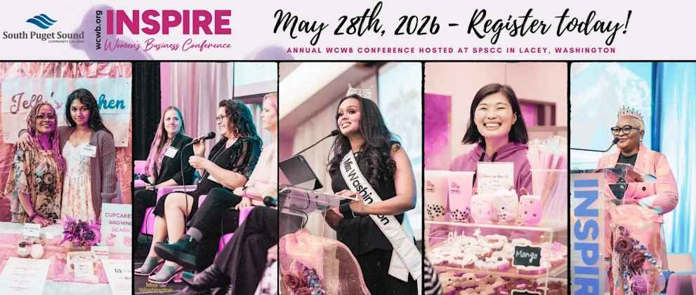 Register for INSPIRE Women's Conference May 28th at SPSCC Lacey Campus. Photos show women speaking and networking at the event