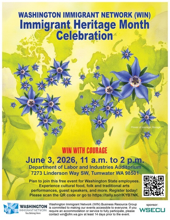 WIN event flyer with blue flowers and green leaves