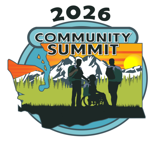 Community summit with mountains, trees, three people, two standing and one in a wheelchair with backpacks