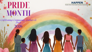 Pride month virtual background with a group a people standing holding hands and a rainbow and plants int he background