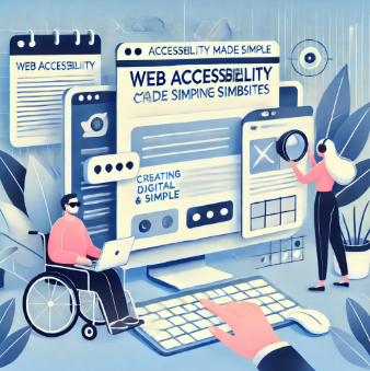 A computer keyboard and monitor displaying "accessibility made simple" on it with two people reviewing it