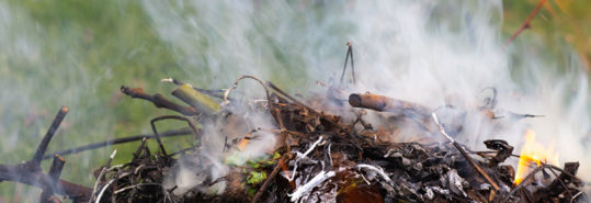 photograph of a campfire burning with smoke