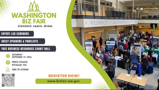 An advertisement for the Washington Biz Fair on September 19, 2026, at Pierce College, featuring a photo of a busy indoor business exhibition hall.