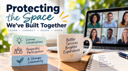 Protecting our space together - a coffee cup, Zoom screen, and books on a table