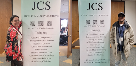 Left image: Annette smiling in next to the JCS sign. Right image: Javan smiling next to the JCS sign.