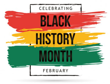 Text: Celebrating February - Black History Month. With red, yellow, and green stripes