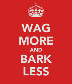 Crown with text below: "Wag more, bark less"