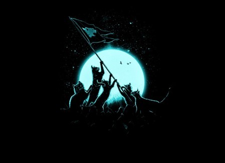 Group of cats lifting a flag in the dark with the moonlight illuminating them