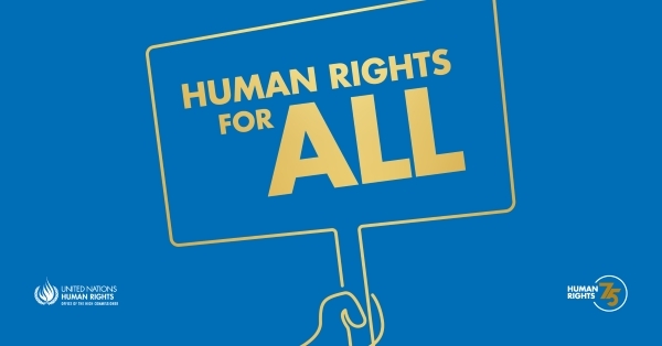 "Human rights for all" sign being held by a cartoon hand