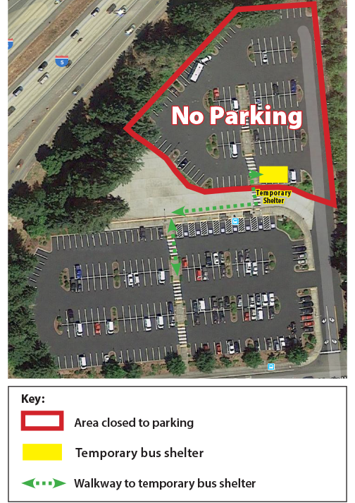 Map of closed area, temporary bus shelter and walkway