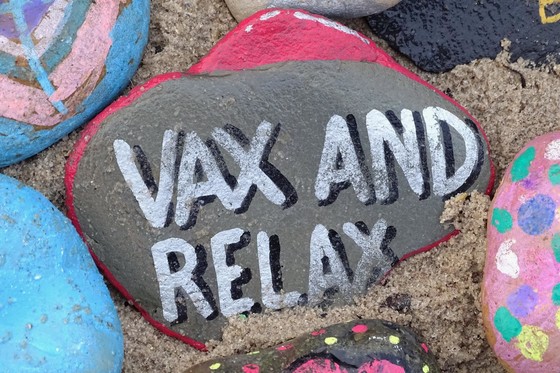 "vax and relax" on rock Photo by Belinda Fewings on Unsplash