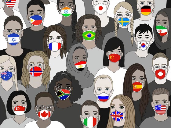 graphic -masked faces with masks of flags from many nations