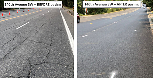 Before photo of cracked road, after photo of smooth road