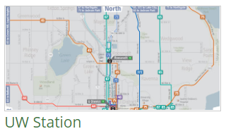 Map of bus to light rail connection at the established UW station