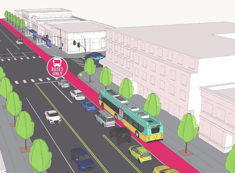 Line drawing of a 5 lane street with a King County Metro green bus driving on a red bus only lane. 