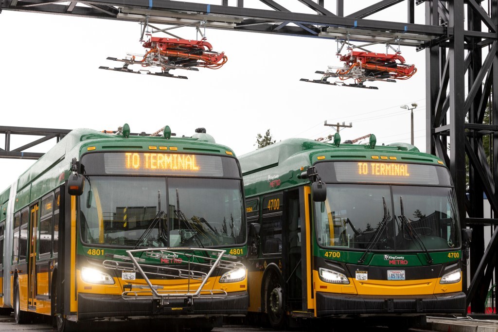 New King County Metro battery-electric coaches are seen at Metro’s South Base in Tukwila