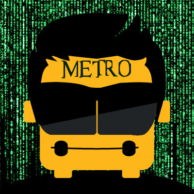 Metro's cartoon bus avatar gets the Matrix (movie) treatment. The bus is yellow, with huge dark sunglasses and hair like Neo in the movie. 
