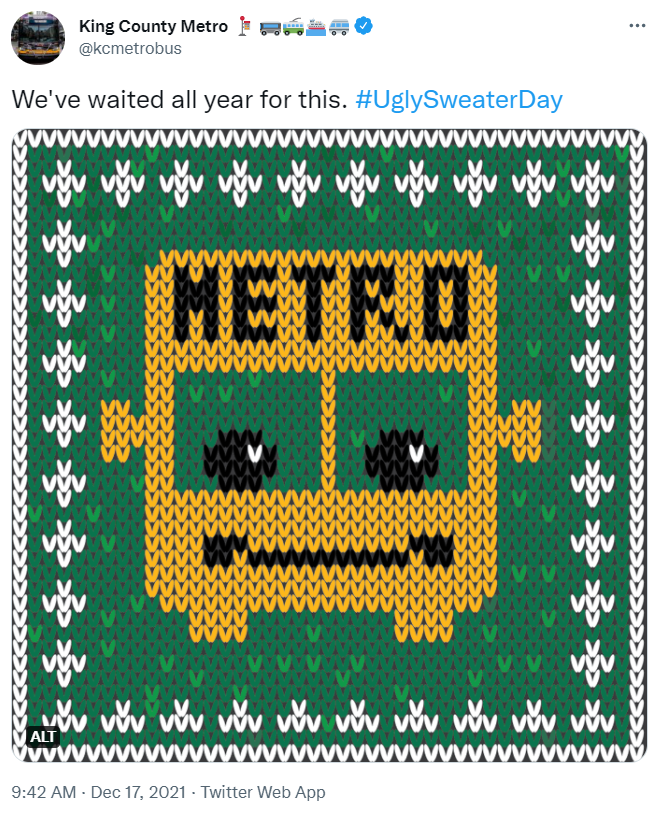 Screenshot of tweet "We've waited all year for this. #UglySweaterDay" and an image of a sweater pattern