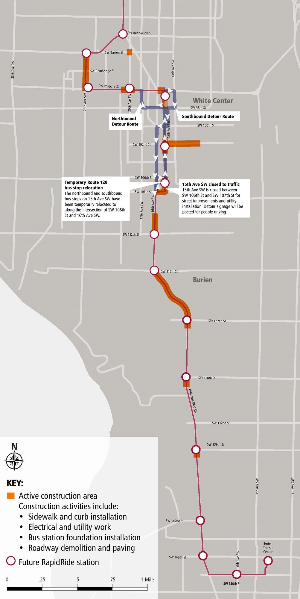 Map of active RapidRide H Line construction zones, including future RapidRide route and stations, road closures and detours, and bus stop relocations.