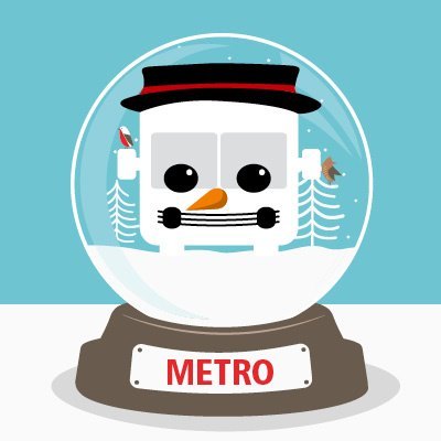 Metro bus as a cartoon snowman in a snow globe