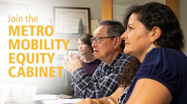 "Join the Metro Mobility Equity Cabinet" text on an image of 3 people at a cabinet meeting