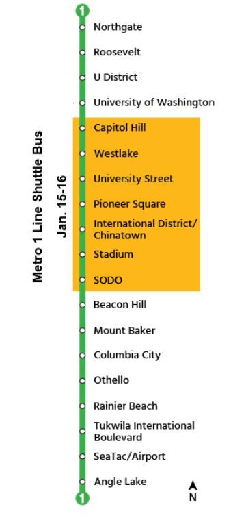 Map of Link 1 Line with highlighted stations that are  closed and serviced by Metro bus