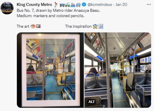 A photo and drawing taken from the inside of a Metro Route 7 bus. taken from a seat towards the back of the bus. 