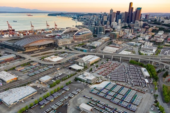 View from the air of Seattle with Central base, Puget Sound and downtown