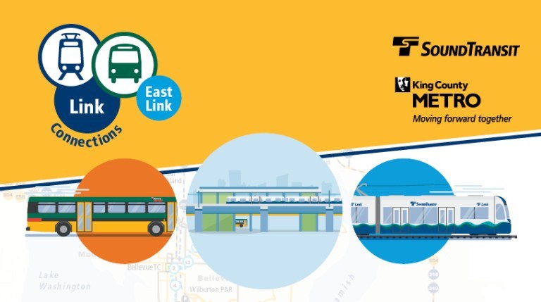 East Link Connections ST and KCM logo with cartoon images of a bus, Link