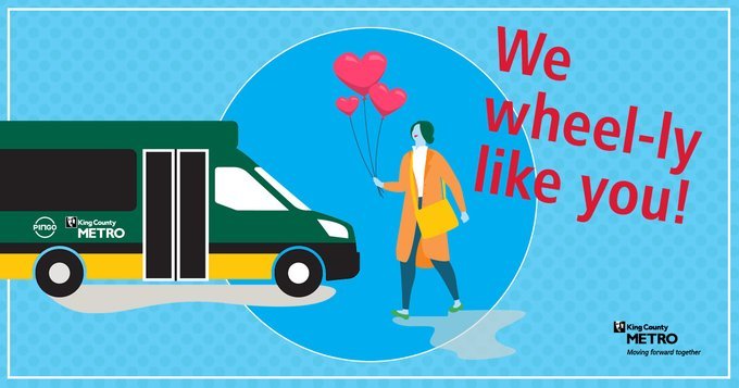 "We wheel-ly like you!" placed on a graphic with a woman holding three heart balloons walking up to a Ride Pingo van. 
