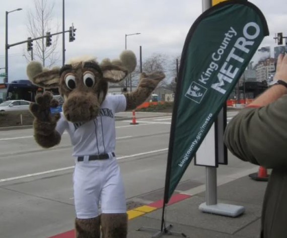Mariners Moose celebrating the opening Metro bus stop