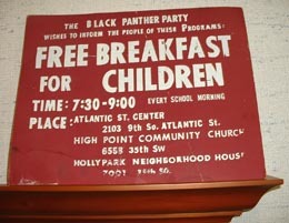 Sign, Black Panther Party free breakfast program, Atlantic Street Center, Seattle, ca. 1969  HistoryLink Photo by Mary T. Henry