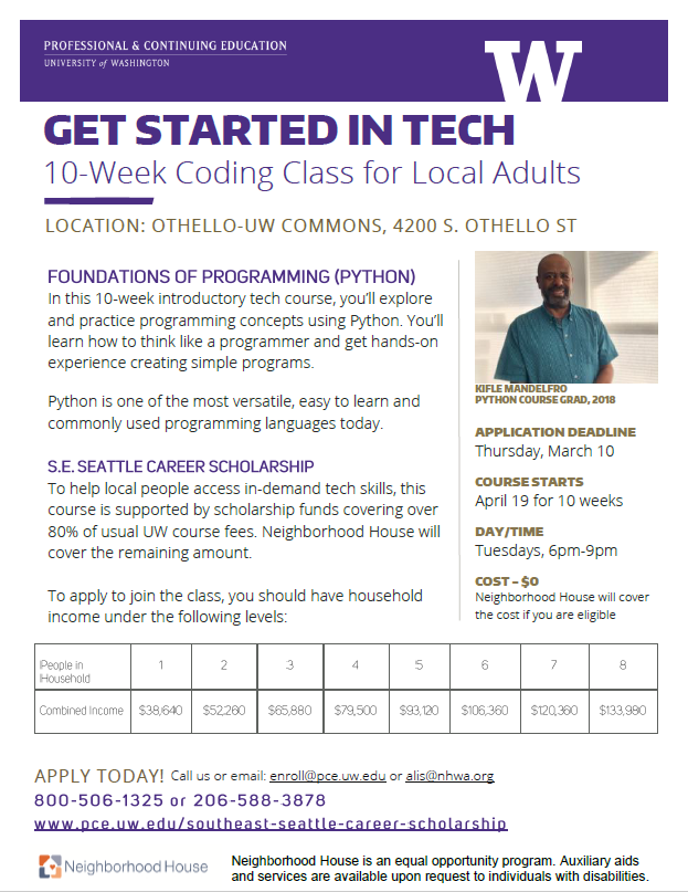 Flyer for UW coding classes for adults in Southeast Seattle