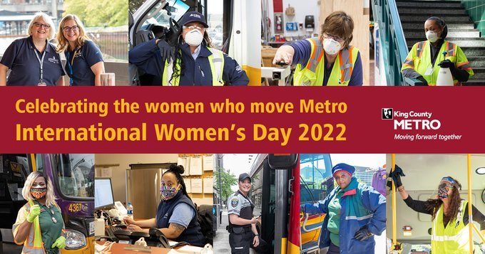 Text reads “Celebrating the women who move Metro. International Women’s Day 2022” There are 8 photos of ladies at work for Metro. 