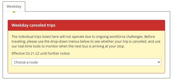 Screen shot of metro website with drop down menu of canceled trips organized by route; also is link to website