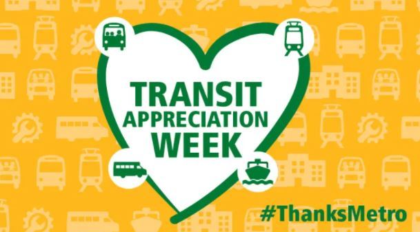 Yellow background with icons of buses and watertaxi and a green heart with "Transit Appreciation Week" inside
