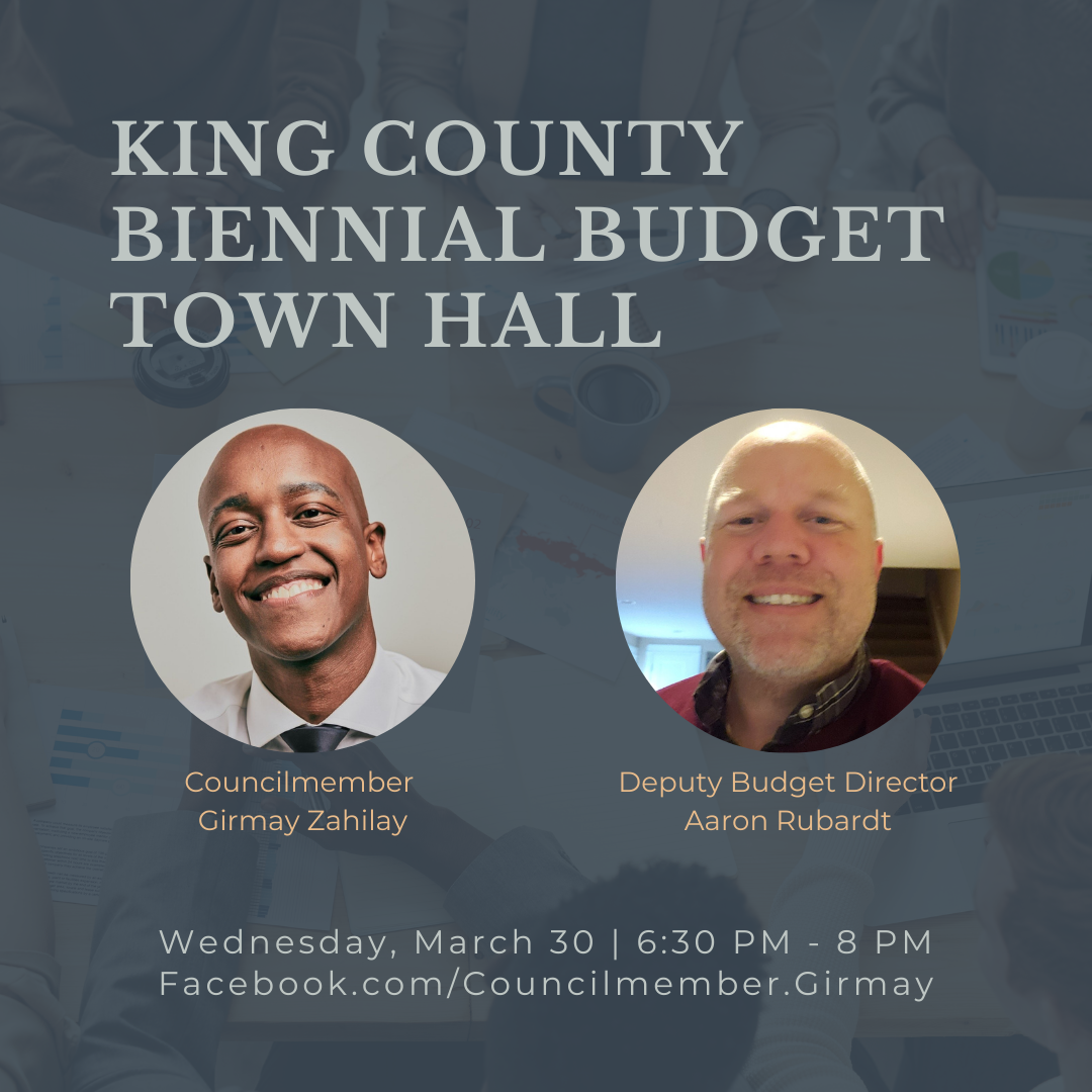 Biennial Budget Town Hall Flyer with headshots of CM Zahilay and Deputy Budget Director Aaron Rubardt