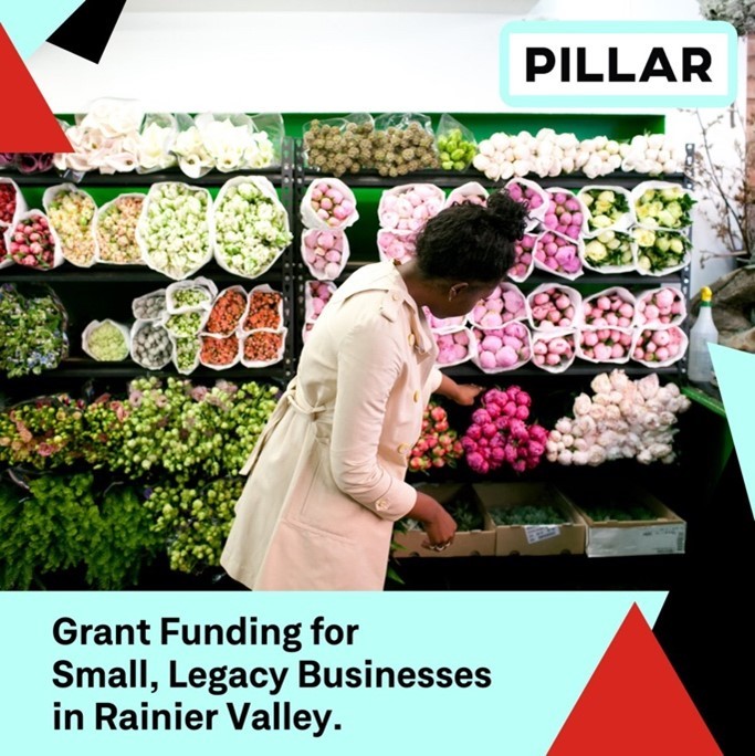 Pillar Grant Funding flyer, with picture of a Black woman browsing bouquets at a florist