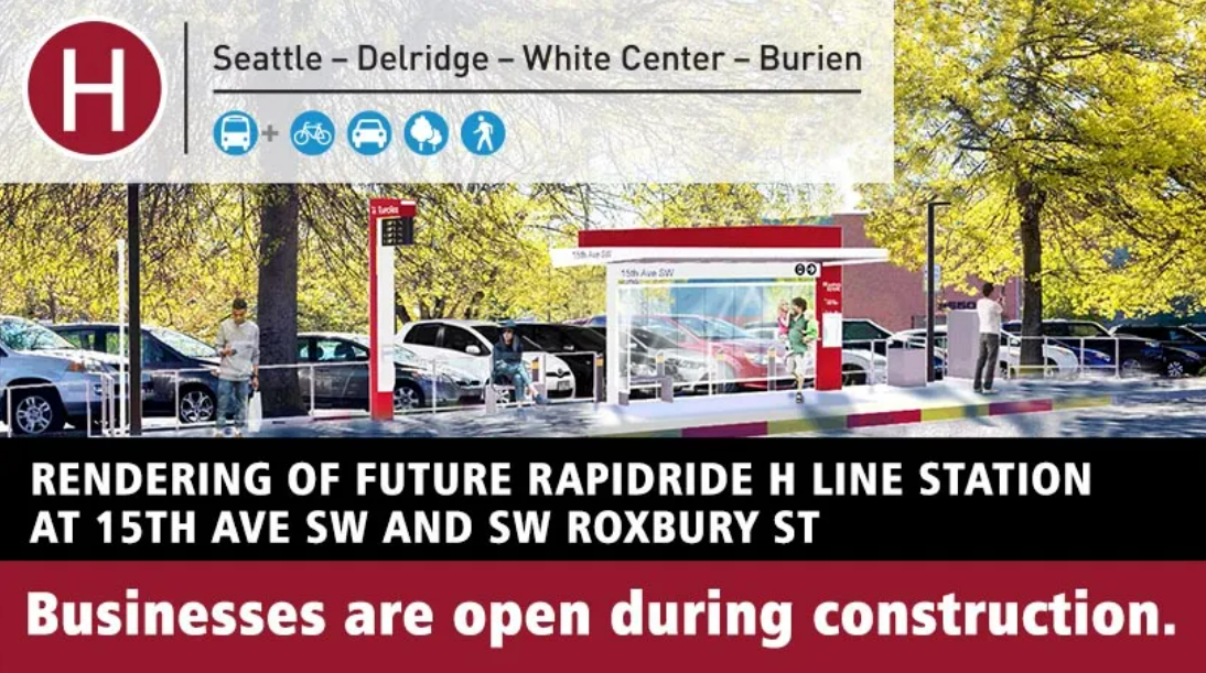 Rendering of future RapidRide H Line station at 15th Ave SW and SW Roxbury St. additional text reads, "Businesses are open during construction"