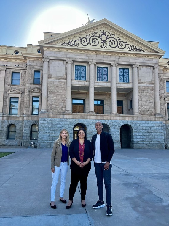 CM Zahilay, Sen. Dhingra, and Rep. Orwall in front of an Arizona government building