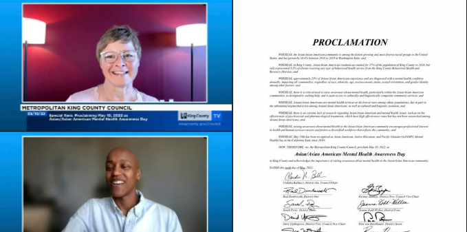 Zoom screenshots of CM Perry and CM Zahilay, with an image of the proclamation to the right