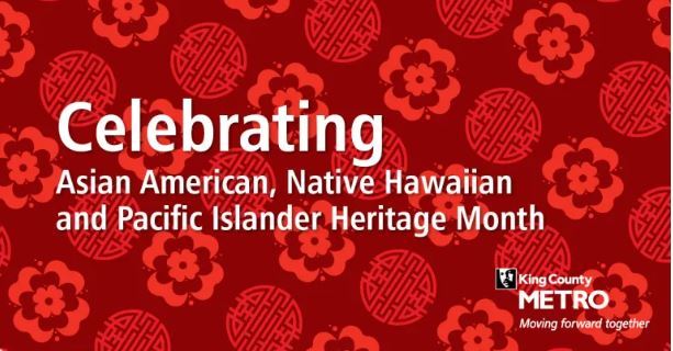 Red patterned background with text "Celebrating Asian America, Native Hawaiian and Pacific Islander Heritage Month"