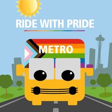 Metro's avatar is wrapped in the Progress Pride flag. The background depicts downtown Seattle.