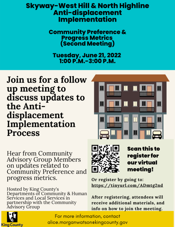 Skyway-West Hill & North Highline Anti-Displacement Implementation meeting flyer