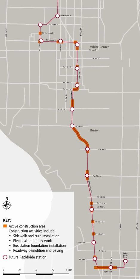 Map of active construction zones for RapidRide H Line construction. Maps depicts active zones in orange from White Center to Burien.